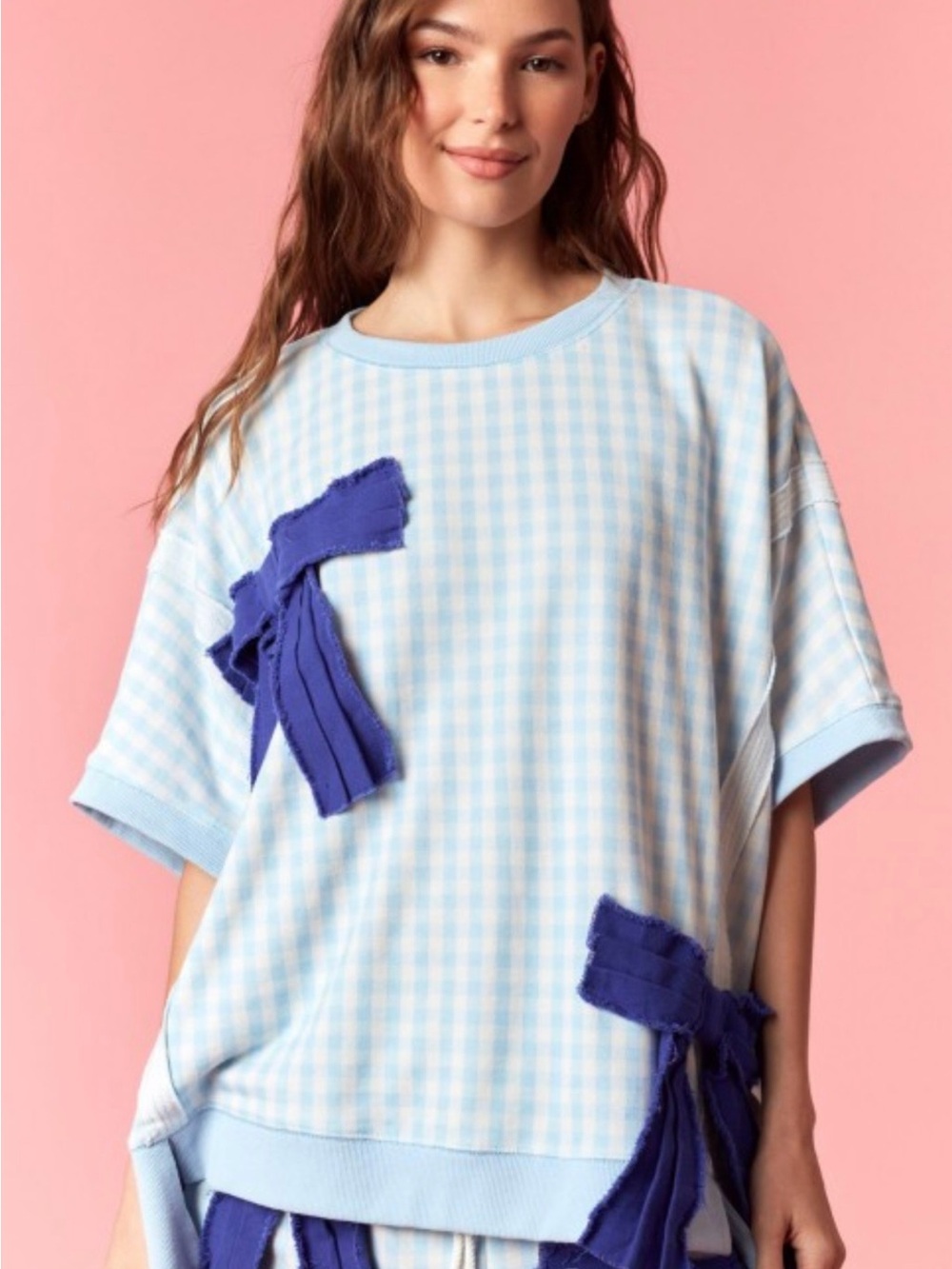 Light Blue Gingham Short Sleeve TOP with Navy Appliqué